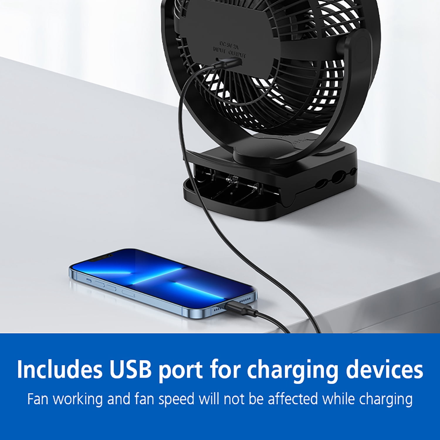 Mainstays 7" 4-speed USB Rechargeable Clip and Table Fan, LED Light and 8H Timer, Black, Model#FN1006