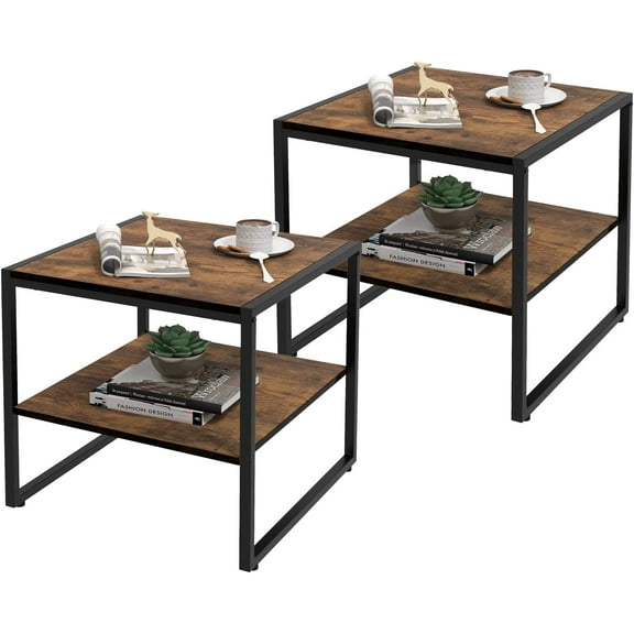 Square End Table Set of 2, 2-Tier Sofa Side Table with Open Shelf, Metal Frame, Industrial Tea Table, Compact Nightstand for Small Space, Bedside Table for Living Room, Bedroom, Rustic Brown