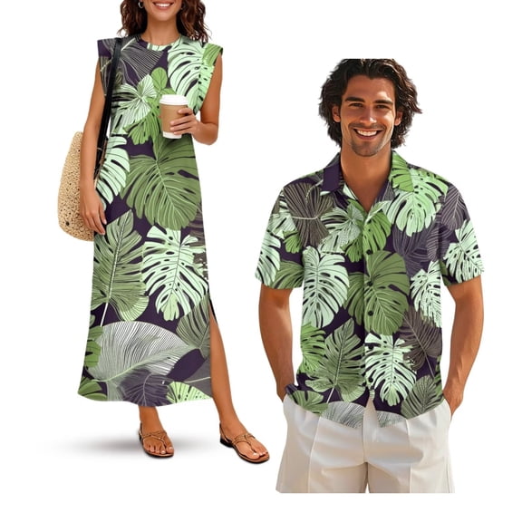 KUIFORTI Hawaii Matching Couple Outfits Tropical Monstera Leaf Fashionable Women's Casual Dresses & Men's Hawaiian Shirt Breathable Quick-dry Suitable for Everyday Casual Wear