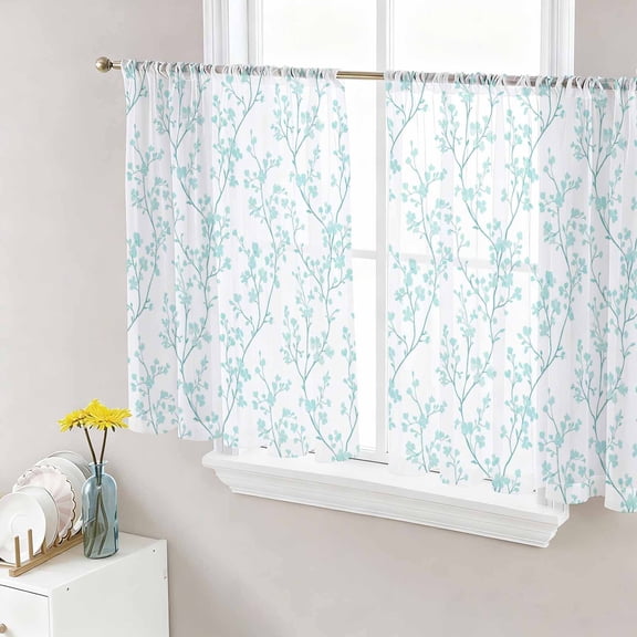 Aqua Spring Floral Sheer Curtains 54 Inch Length 2 Panels Set, Summer Botanical Watercolor Voile Window Treatment Rod Pocket Short Kitchen Curtains Drapes for Bedroom 52"x54"x2