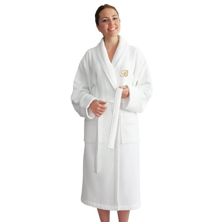 

Authentic Hotel and Spa Unisex Gold Monogrammed Turkish Cotton Waffle Weave Terry Bath Robe White/Gold S Large/Extra Large