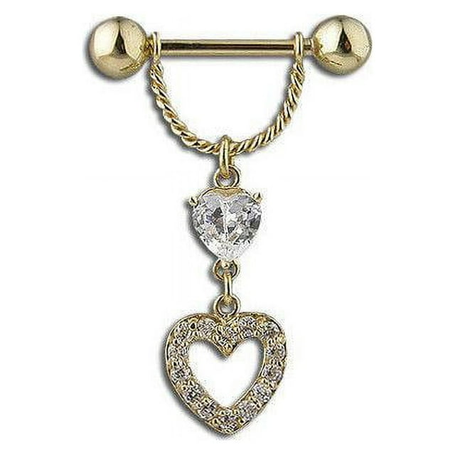 Solid 14K Gold Dangle Heart Design 14G Straight Barbell Nipple Ring/Shield