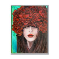 Designart 'Portrait Of A Young Lady With Red Flowers' Modern Framed Canvas Wall Art Print