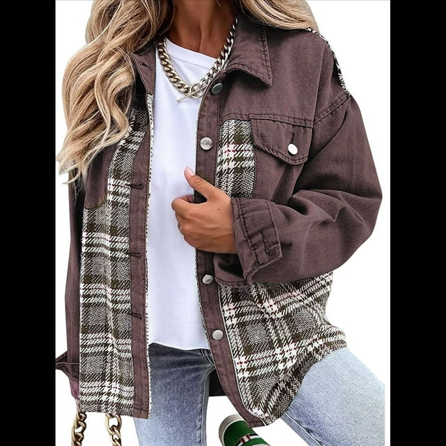 Chaqueta Vaquera Estilo Boyfriend, Informal, de Larga, con Botones y Bolsillos, para Mujer Marrón L