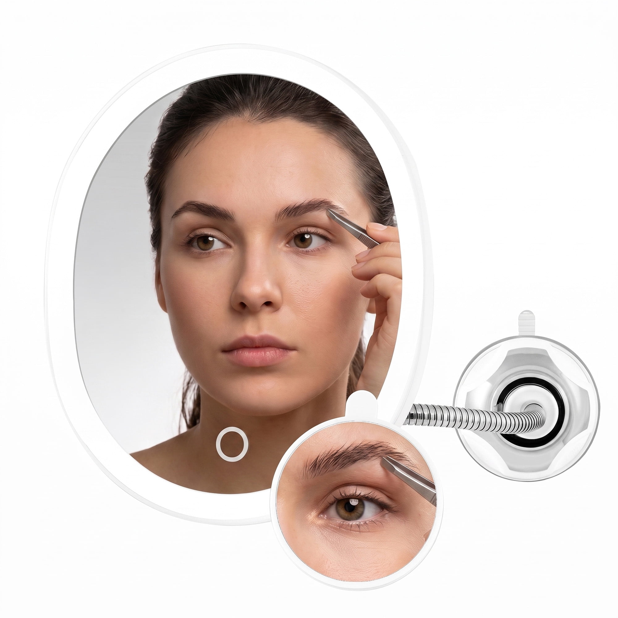 OVENTE 9'' Rechargeable Lighted Wall Mount Makeup Mirror for Bathroom with Mini Magnetic 10X Magnifying Mirror, Touch Screen Dimmable LED Lights, Flexible Gooseneck and Suction Mounting, White MOW22W