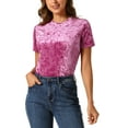 thumbnail image 1 of Camiseta de terciopelo para mujer Inspire Chic, de cuello redondo, manga corta, casual, talla XS, color rosa intenso, 1 of 6