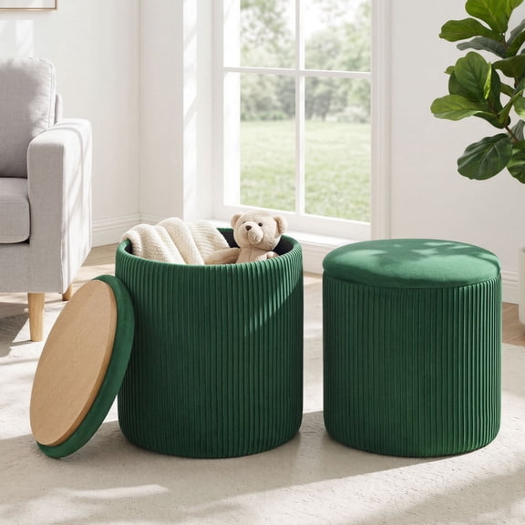 Furniliving Modern Velvet Round Storage Ottoman Set of 2, Upholstered Velvet Vanity Stool, Multifunctional Foot Rest Coffee Table for for Living Room & Bedroom,Dark Green