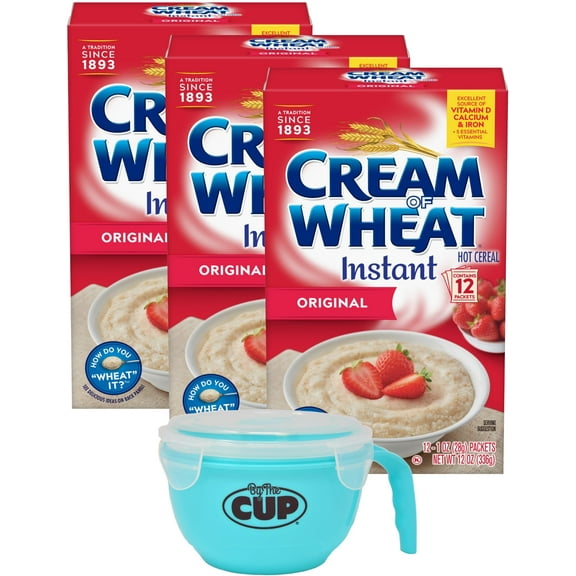 Cream of Wheat, Original Instant Hot Cereal Packets, Shelf-Stable, 12 oz Box (pack of 3) with By The Cup Cereal Bowl