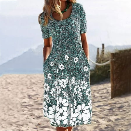 

cllios Fashion Women Summer Casual Round-Neck Froral Print Short Sleeve Loose Dress for Women 2022