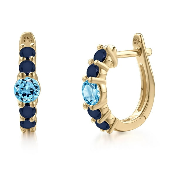 Gem Stone King 10K Yellow Gold Swiss Blue Topaz and Blue Sapphire Hoop Earrings for Women | 1.19 Cttw | Gemstone November Birthstone | Round 4MM