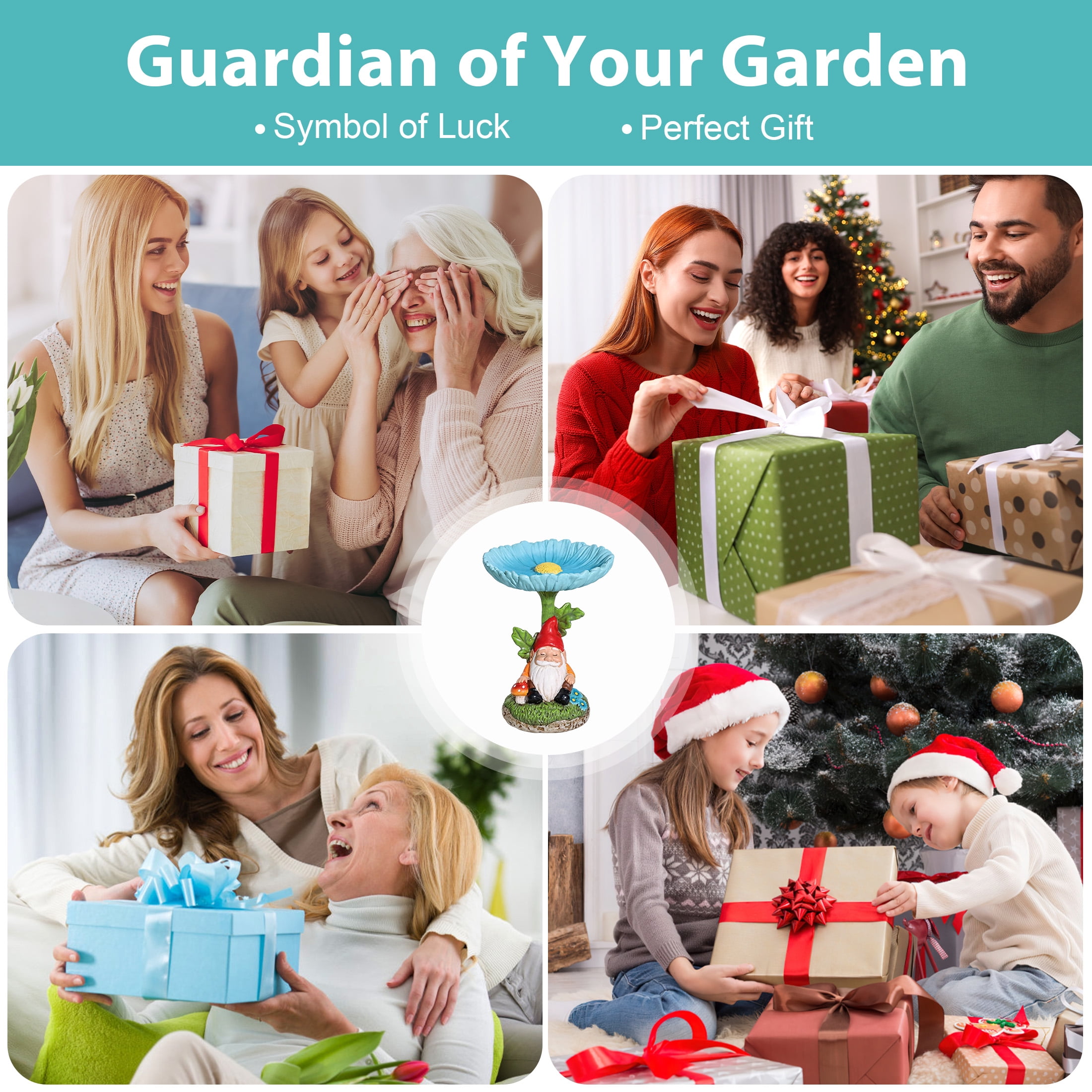 The Growing Ground Daisy Gnome Bird Feeder, Resin Garden Statue with Flower Bowl for Outdoor Patio Decor, Teal