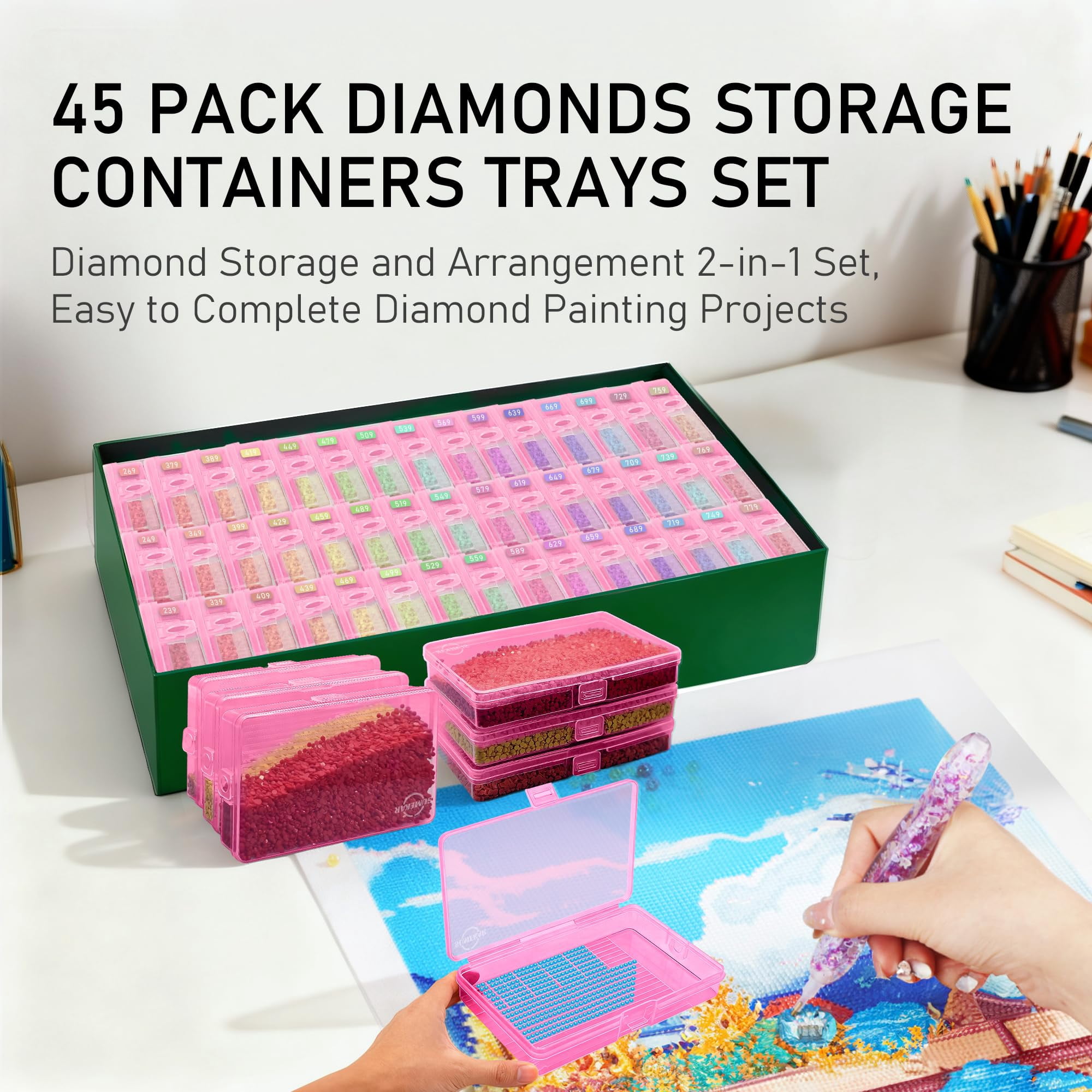 Sumekar 45PCS Extra Large Diamond Art Kits Tray Tool,Diamond Painting Accessories,2-in-1 Diamond Art Trays with Lids(Pink)