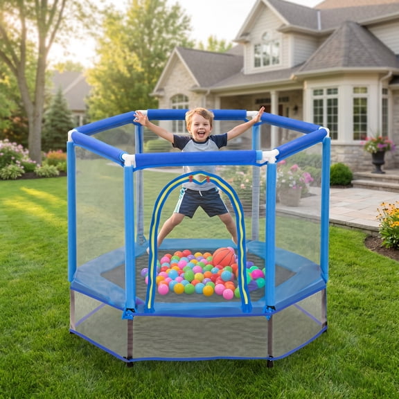 55'' Toddlers Trampoline with Safety Enclosure Net and Balls Indoor Outdoor Mini Trampoline for Kids