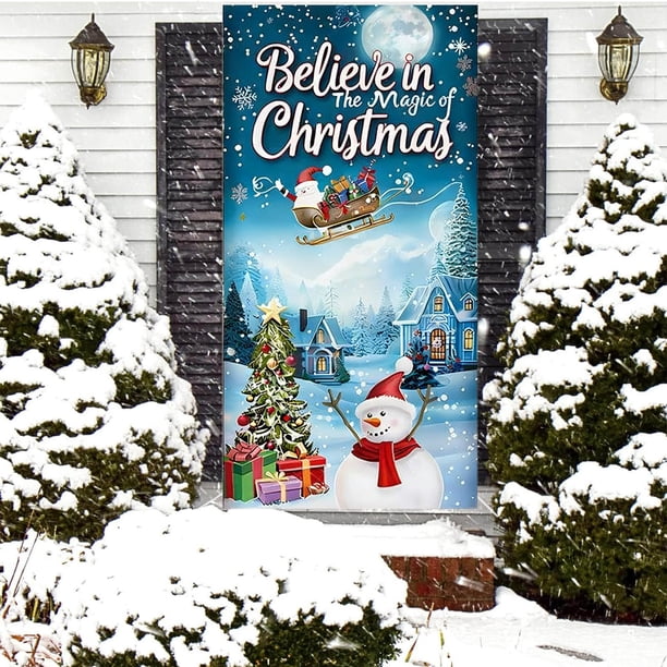 Decoraciones navideñas, Cubrepuertas navideño, Fondo navideño ideal para fiestas de Año Nuevo y decoración invernal. Medidas: 78,7 x 35,4 pulgadas. Cubrepuertas de poliéster.