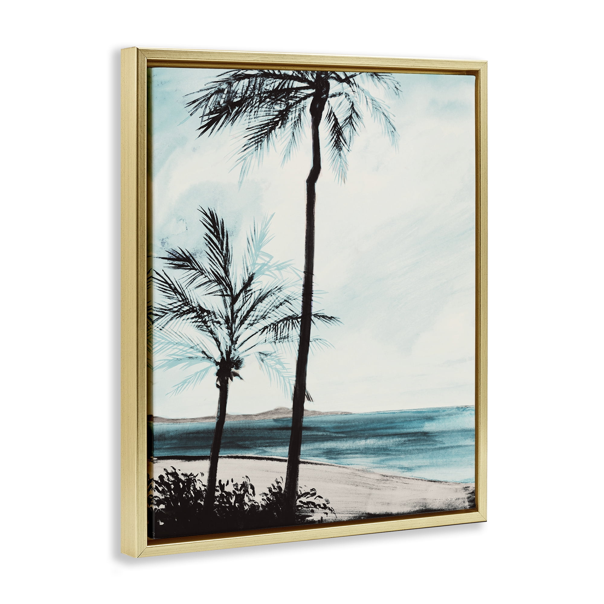 Stupell Industries Beach Palm Silhouettes Coastal Painting Gold Floater Framed Canvas Art Print Wall Art, 25 x 31