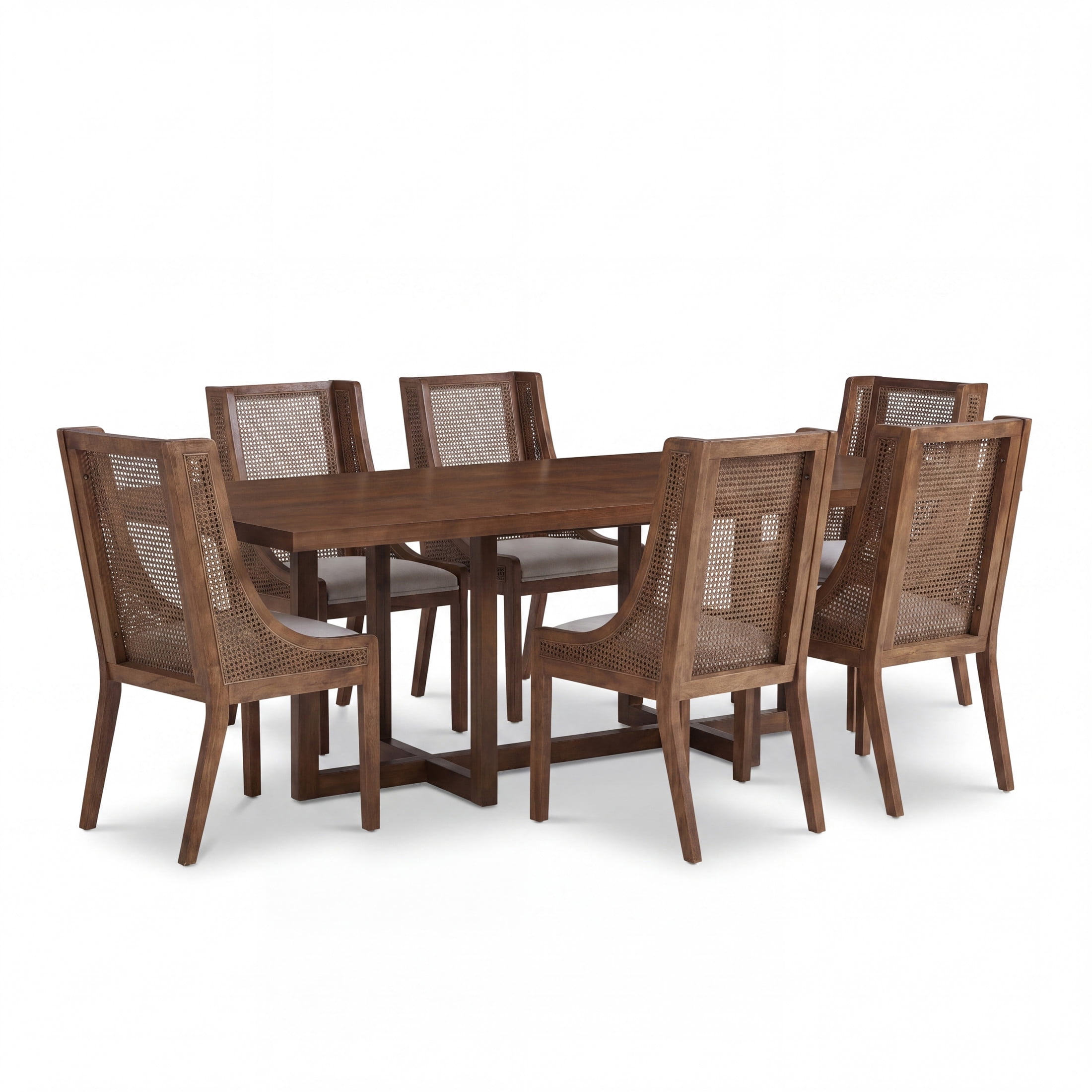Christopher Knight Home 7-Piece Rustic Dining Set, 95" Table with Upholstered Cane Back Chairs, Walnut+Beige
