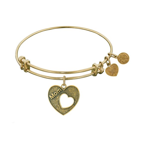 Yellow Stipple Finish Brass Heart With Mom  Open Heart Angelica Bangle Bracelet, 7.25"