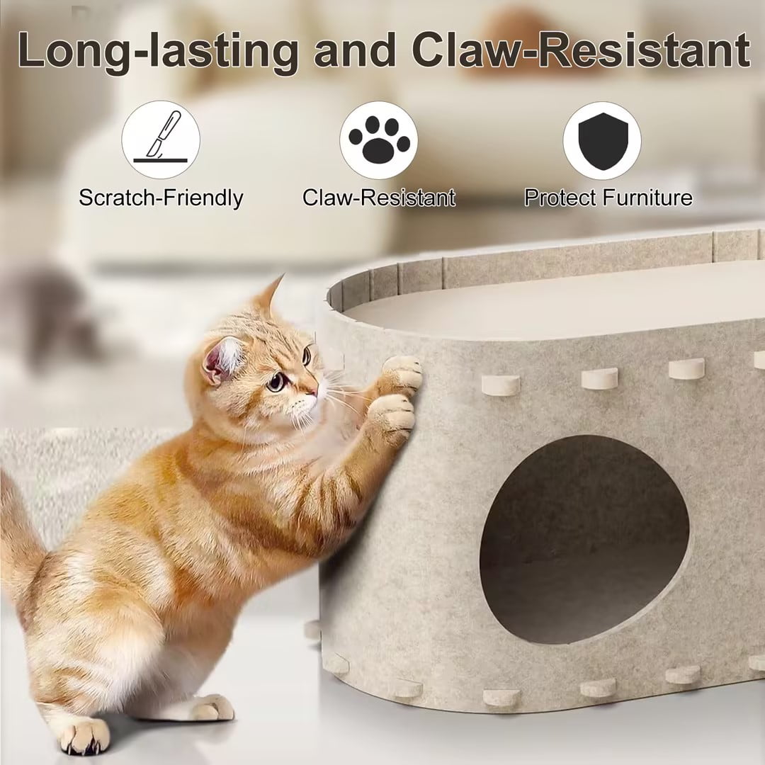 OMCPET Peekaboo Cat Houses for Indoor Pets - Scratch Resistant Felt Kitten Hideaway Bed, Large Cat Bed Cave for 22 LB Cat, 2-in-1 Cat Scratcher House, Foldable Cat Feline Tunnel, 22.8 inches