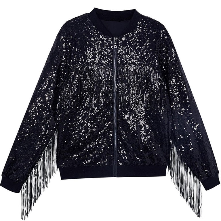 Girls Sparkly Sequin Jacket - Quilted Bolero Shrug Glitter Coat With Zipper, Long Sleeve Padded Outwear 1 thumbnail image