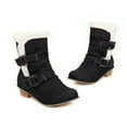 thumbnail image 2 of SACFOF Women's Round Toe Denim Mid Calf Dressy Boots Buckle Fur Lace Up Chunky Block Mid Heels Snow Boots, 2 of 6