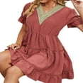 thumbnail image 4 of PENGXIANG Femmes Manches Courtes Mini Robe V Cou Volants Robes Décontractées une Ligne Fluide Été Plage Partie Robe de Soleil, 4 of 7