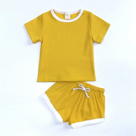 

Toddlers Kids Girls Boys Fashional Ribbed Soild Short Sleeve Top Short Pants 2pcs Pajamas Sleepwear Outfits Set