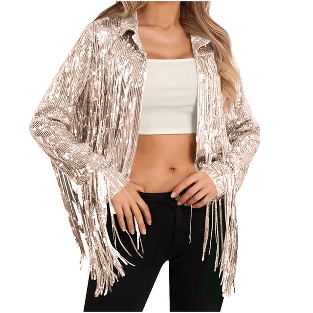 Veste pour Femme, Veste Mode Décontractée à Paillettes avec Franges