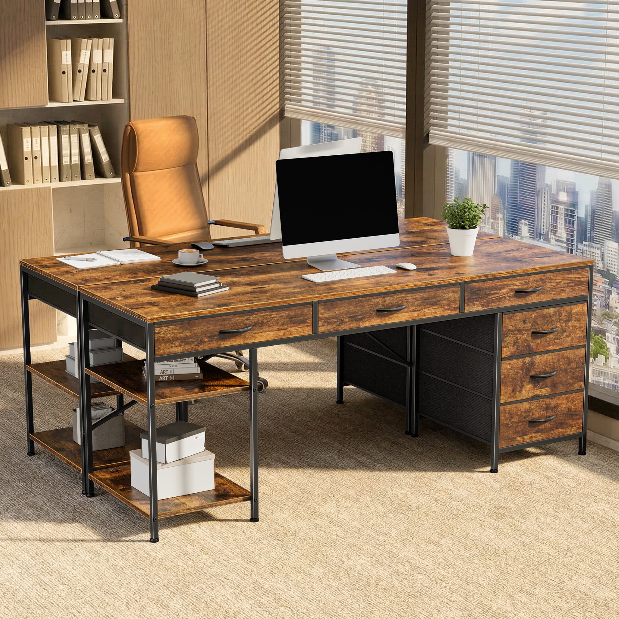 Amadwell 54" Desk with Drawers & Storage, Office Desk with Reversible Shelves, Gaming Computer Desk, Brown