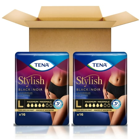 Tena Stylish Incontinence Protective Underwear for Women Black Large 32 Count