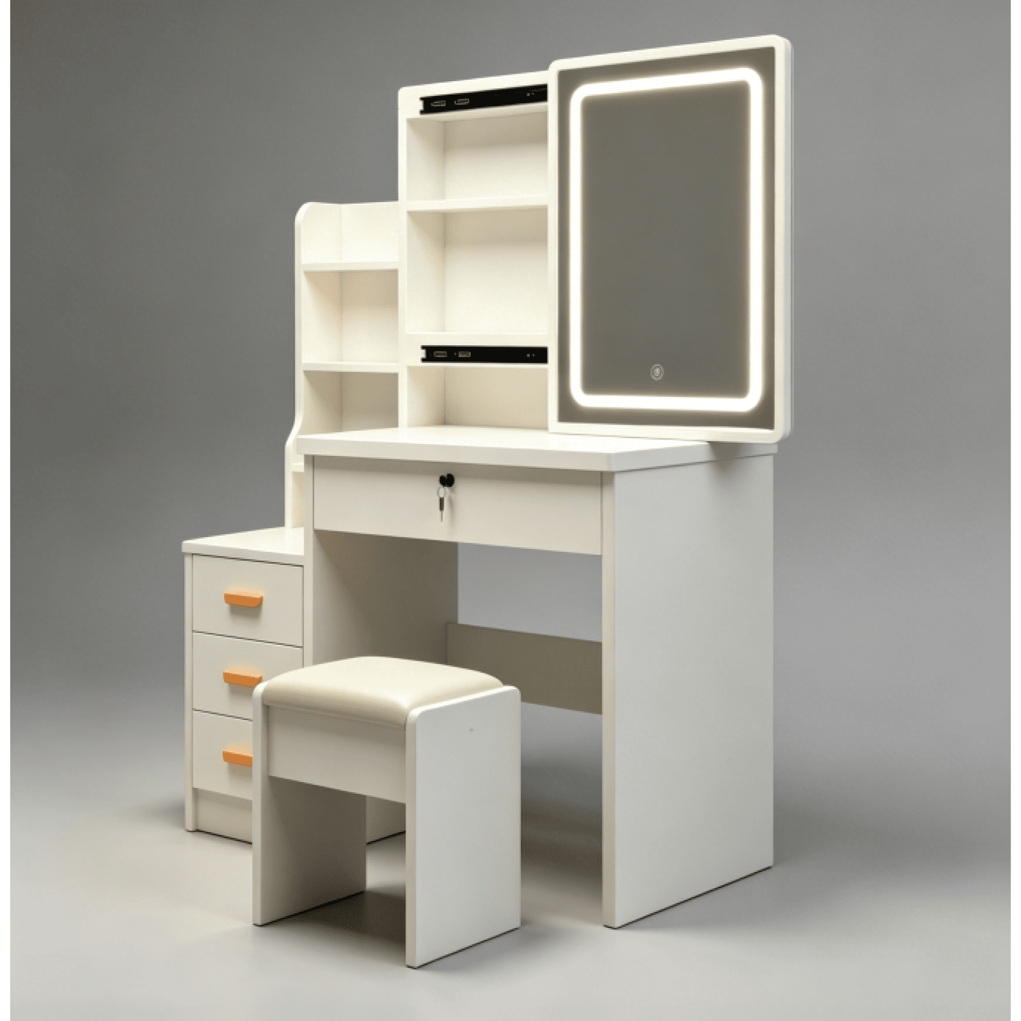 HOQBN Modern White Vanity Set with Mirror & Lights,Bedroom Makeup Table with Storage & Cushioned Stool,Dressing Table for Bedroom