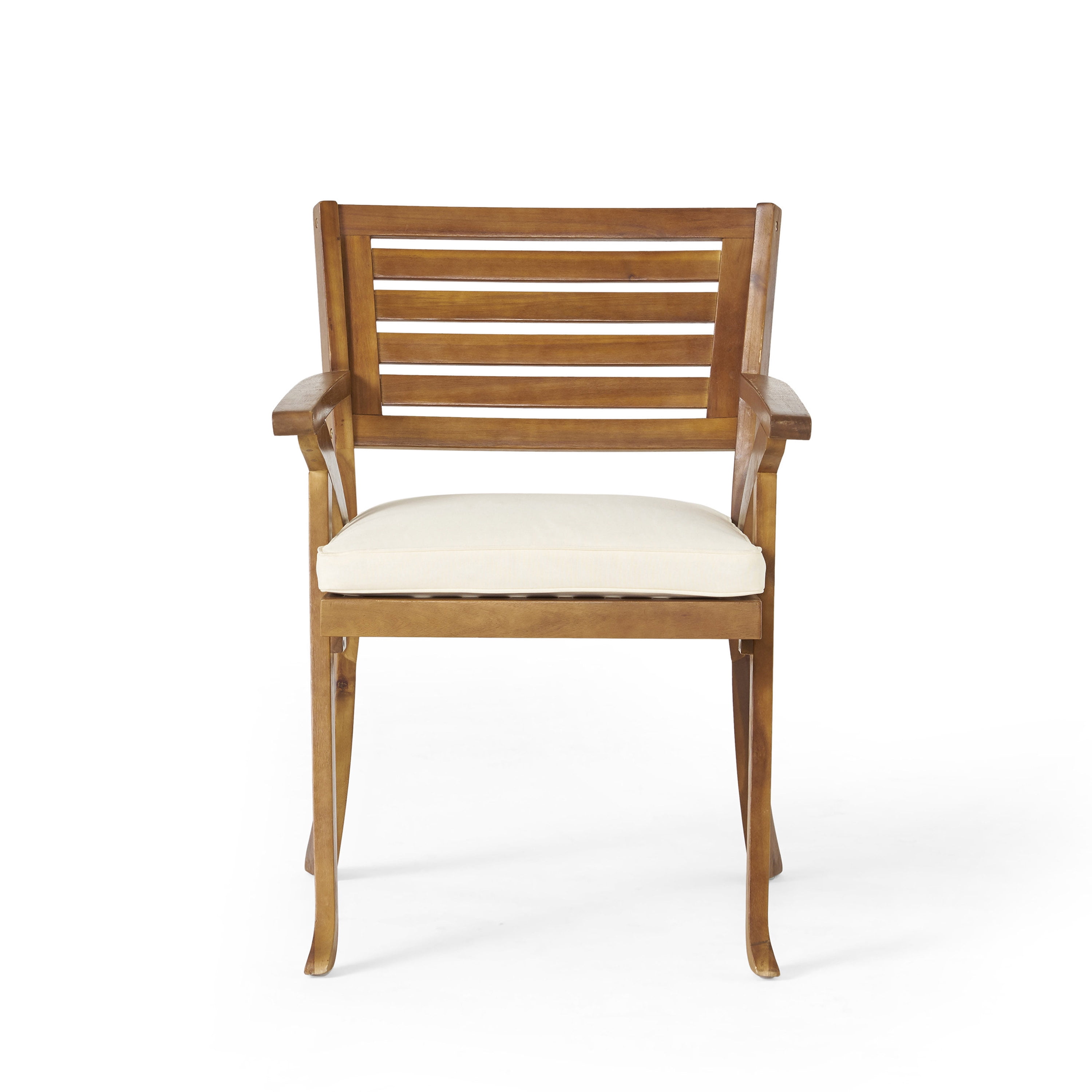Outdoor Cushioned Wood Frame Dining Chair Set of 2, Comfort Household Seats for Patio Garden, Teak and Cream