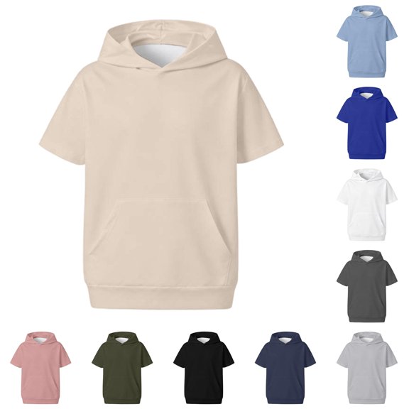 Hienoo Casual Solid Color Hoodies For Boys Girls Summer Short Sleeve Hooded Sweatshirts With Pockets