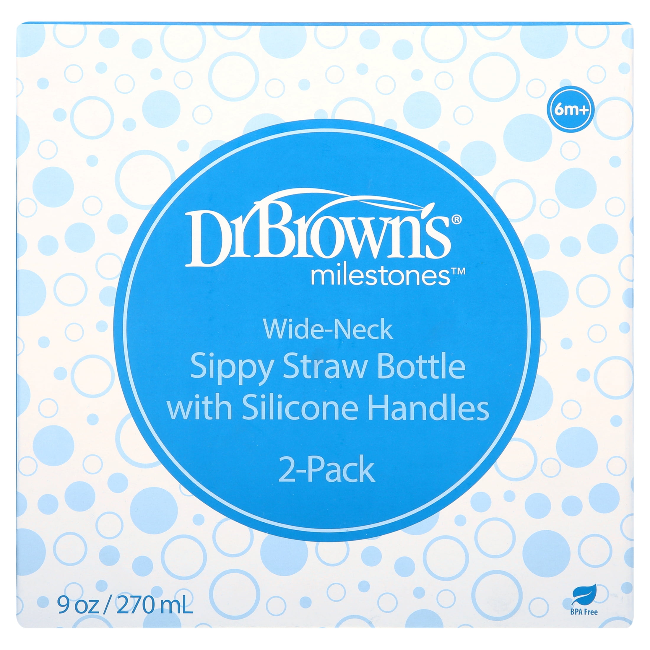 Dr. Brown's Wide-Neck Sippy Straw Bottles with Silicone Handles, Gray and Pink, 9oz/270ml, 2-Pack
