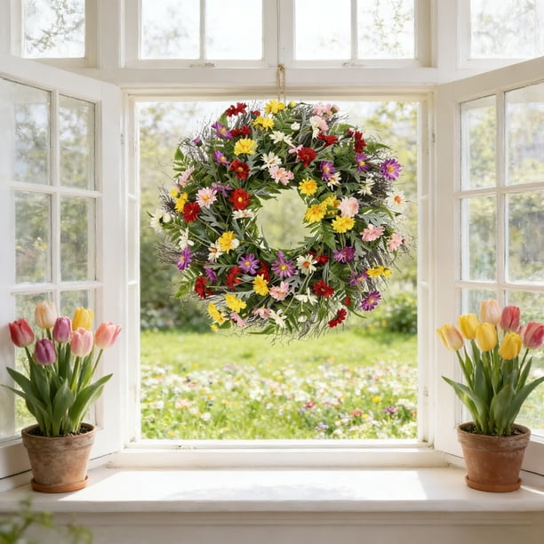 Corona primaveral con hojas y flores artificiales para la puerta principal | Corona floral de follaje artificial para la puerta, ideal para decoración de interiores y exteriores
