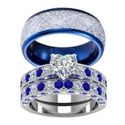 Couples Rings Wedding Ring Sets 10kt White Gold Plated Blue Sapphire Cz Titanium band 3pc