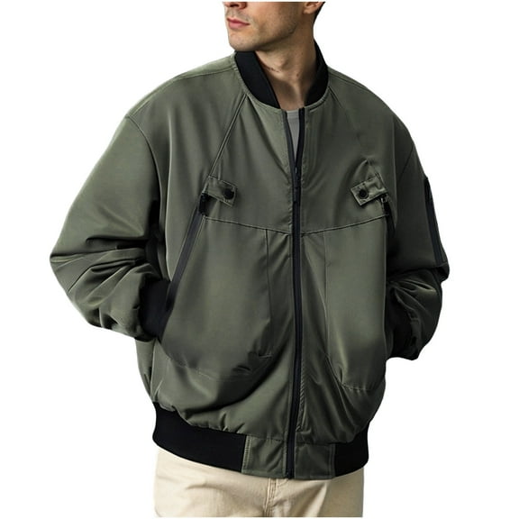 successthop Winter Jacket for Men Workwear Long Sleeve No Hooded Coat with Pockets Zipper Solid Fall Comfortable Outwear