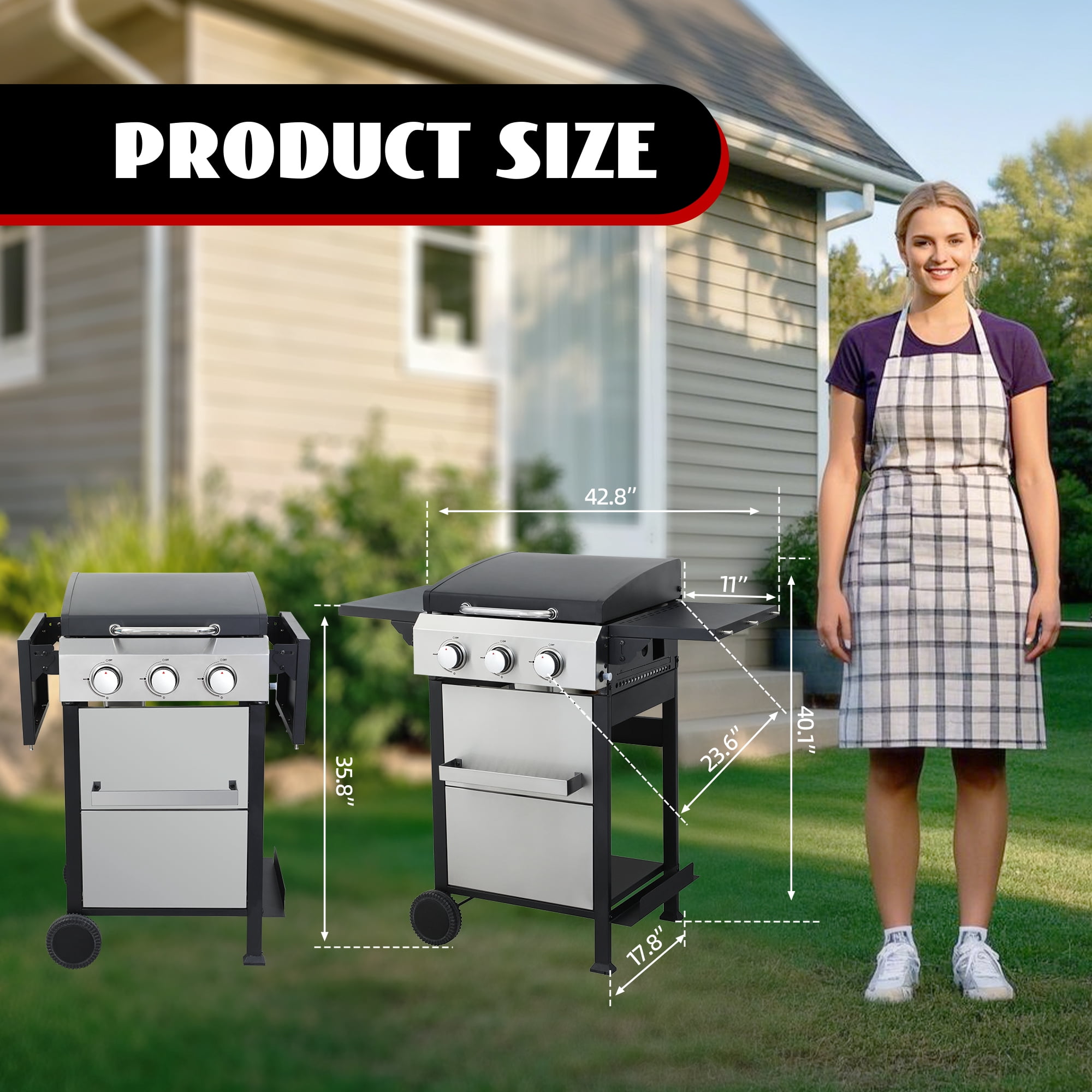 Nice Cooker 3-Burner Flat Top Propane Gas Grill with Foldable Side Table, 36,900 BTU Outdoor BBQ Grill, Porcelain-Enameled Grids & Built-in Thermometer – Perfect for Backyard, Camping, Patio Cooking