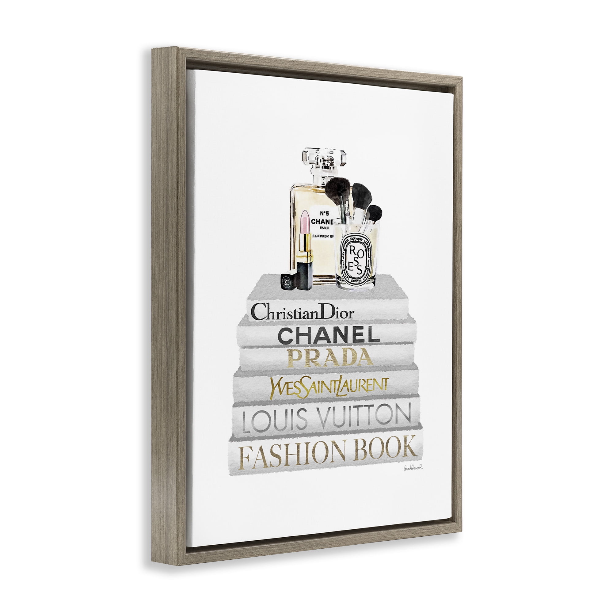 Stupell Industries Bookstack with Makeup Accessories Beauty & Fashion Painting Brown Floater Framed Canvas Art Print Wall Art, 17 x 21