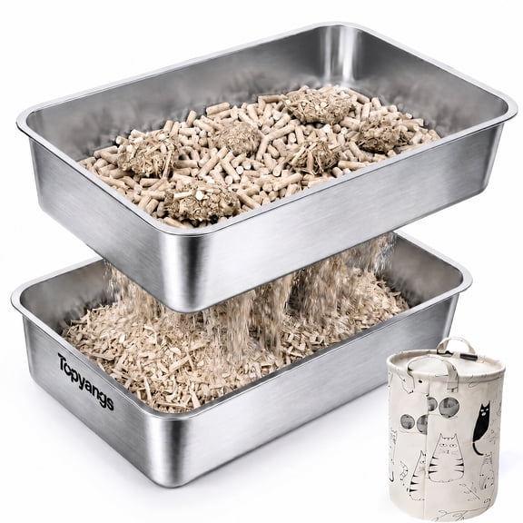 Topyangs XL Stainless Steel Sifting Cat Litter Box for Pine Pellets, Silver
