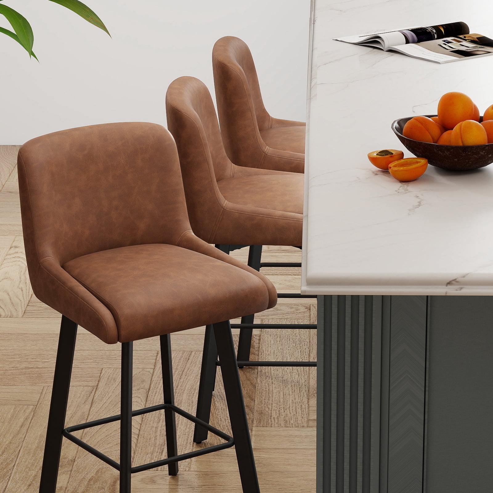 MultiHaven 26.1" Swivel Bar Stools Set of 2, Square Back & Metal Legs, PU Leather Counter Height Chairs for Kitchen, Bar, Cafe - Brown