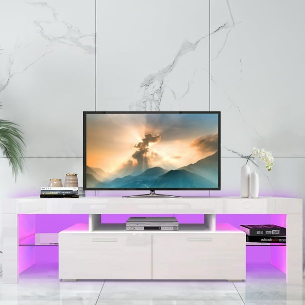 White Tv Cabinet Stand New Upgraded Media Storage Console Table High Glossy Television Entertainment Center For 32 To 75 Tvs Corner With Led Lights And Drawers J4082 High Glossy Television Stand, Corner Tv Unit And Console Table