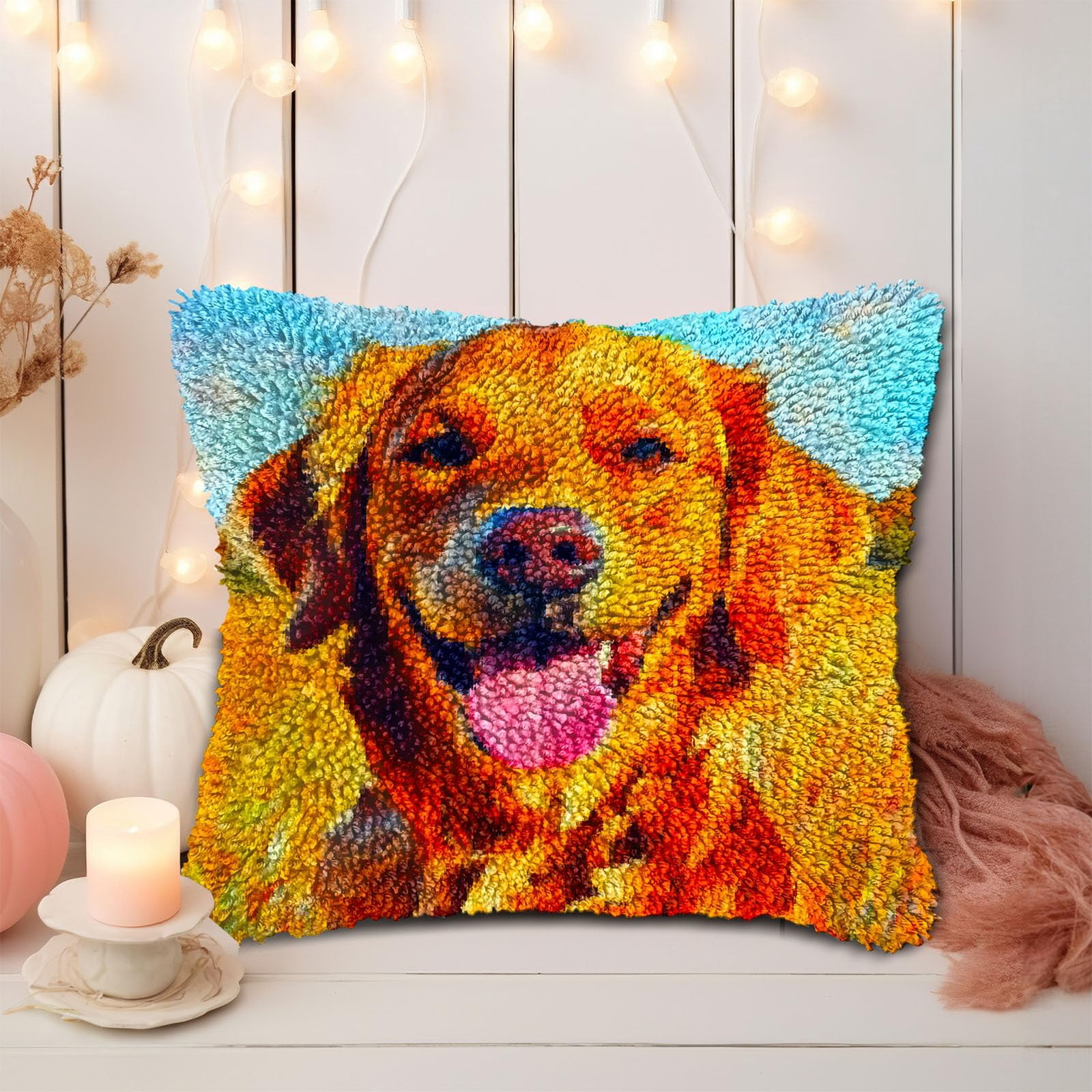 Golden Retriever Terrier DIY Latch Hook Pillow Kits for Adults Printed Pillowcase Crochet Yarns Hooking Handmade Pillow Cover Cushion for Home Sofa Decoration 17x17inch(1)
