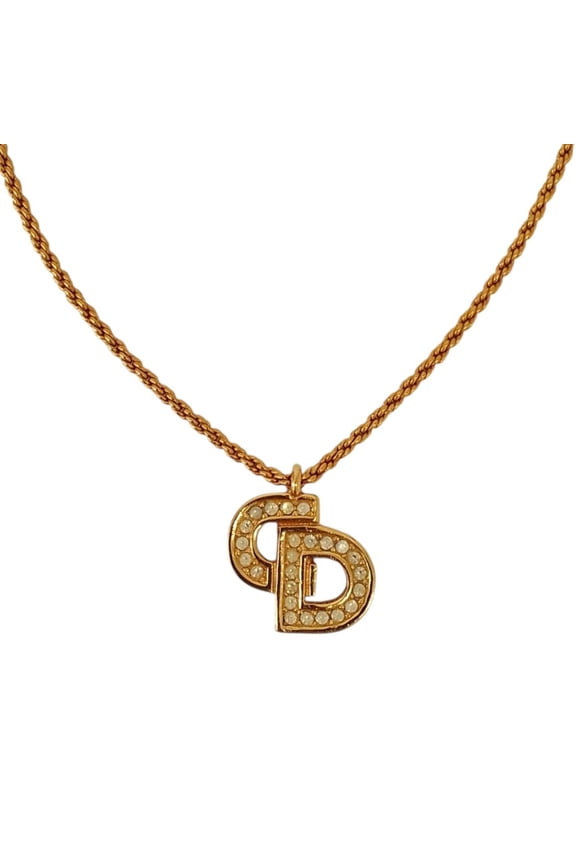 Pre-Owned Christian Dior Vintage CD Logo Rhinestone Necklace GP Gold Women's