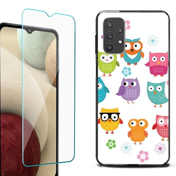 Slim-Fit Flexible TPU Gel Phone Case (black) for Samsung Galaxy A32 5G, with Tempered Glass Screen Protector, by OneToughShield ® - Happy Owl