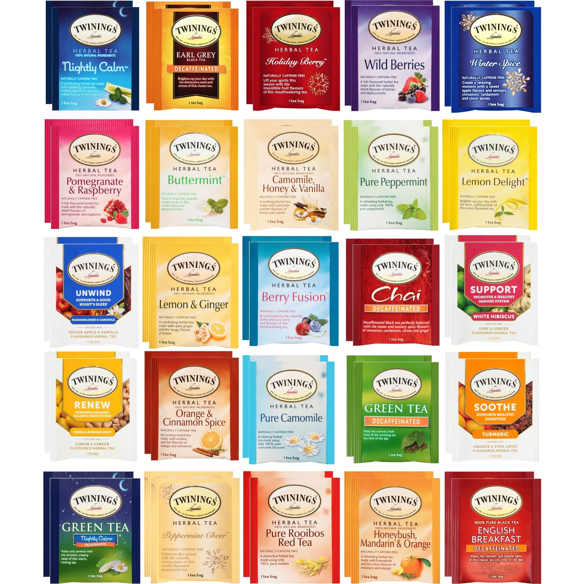 Twinings Herbal and Decaf Tea Bag Pouch Sampler - 50 Count, 25 Flavors