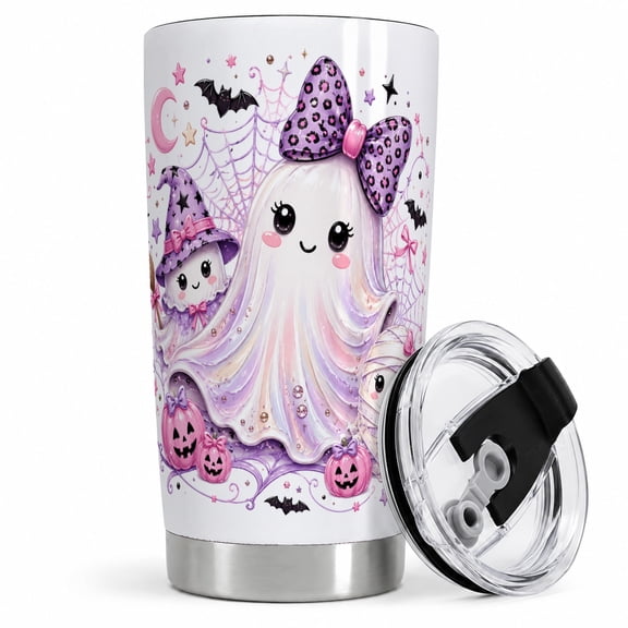 Cute Ghost Family 20oz Tumbler, Pink Halloween Drinkware 20oz tumbler with ghost family, mummy, pink pumpkins, bats, and spiderwebs for water, iced drinks, or office