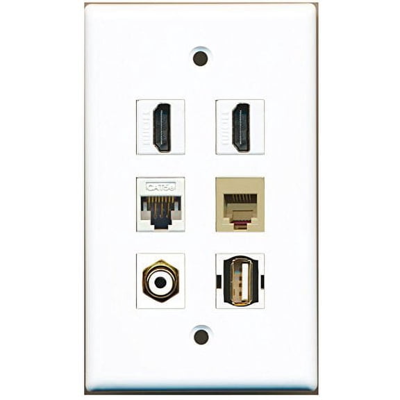 RiteAV - 2 HDMI 1 Port RCA White 1 Port USB A-A 1 Port Phone RJ11 RJ12 Beige 1 Port Cat5e Ethernet White Wall Plate