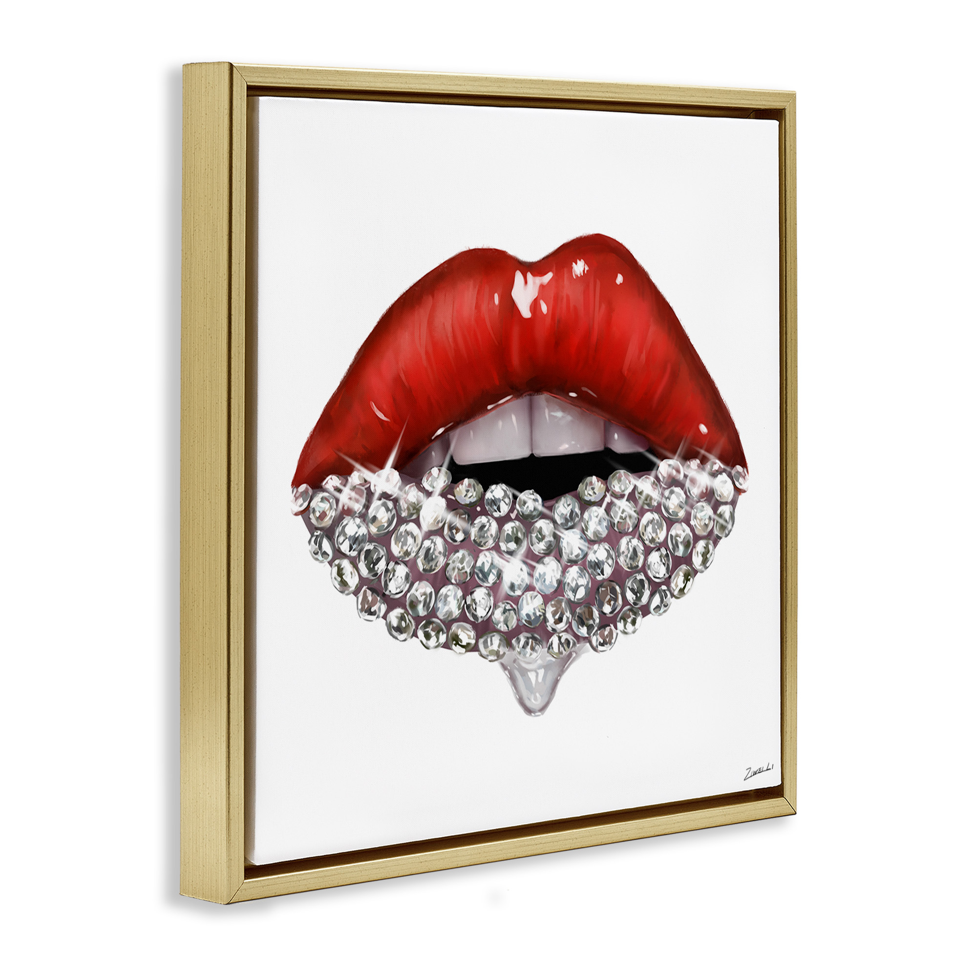 Stupell Industries Red Glam Lips with Gemstones Beauty & Fashion Painting Gold Floater Framed Canvas Art Print Wall Art, 18 x 18