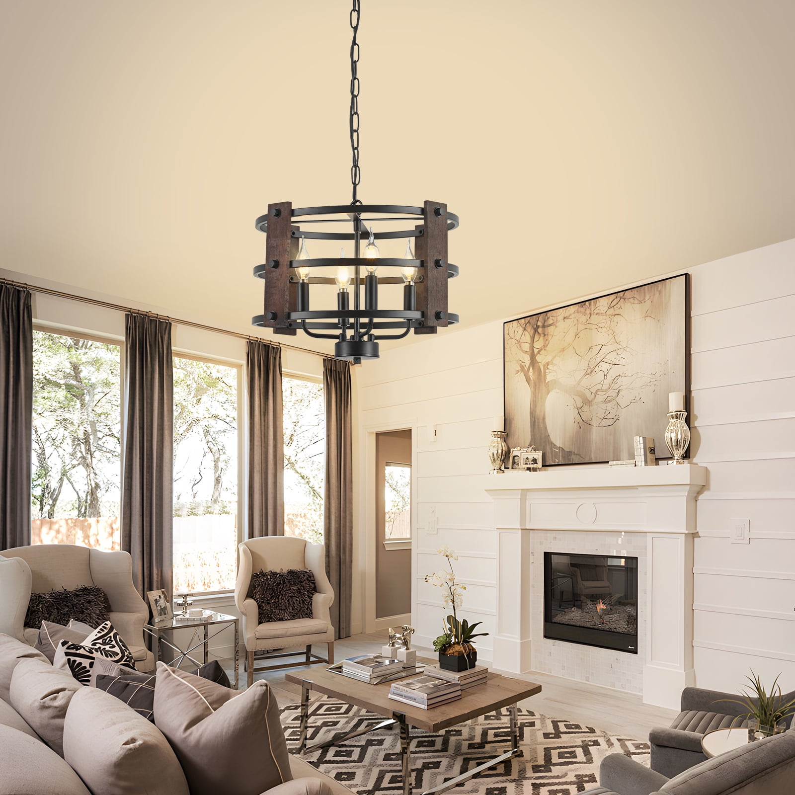 Drum Farmhouse Chandeliers, Black Pendant Light Semi Flush Mount Ceiling Lighting Fixture