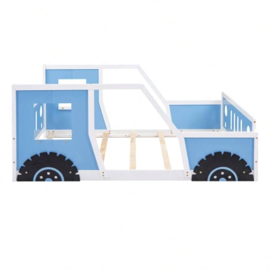 Full Size Classic Car - Shaped Platform Bed with Wheels, Blue